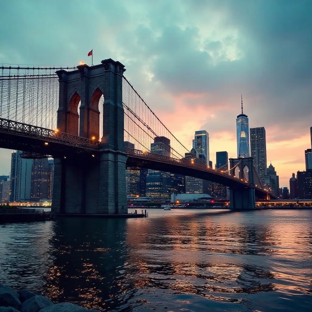 Brooklyn Bridge Skyline at Dusk with One World Trade Center