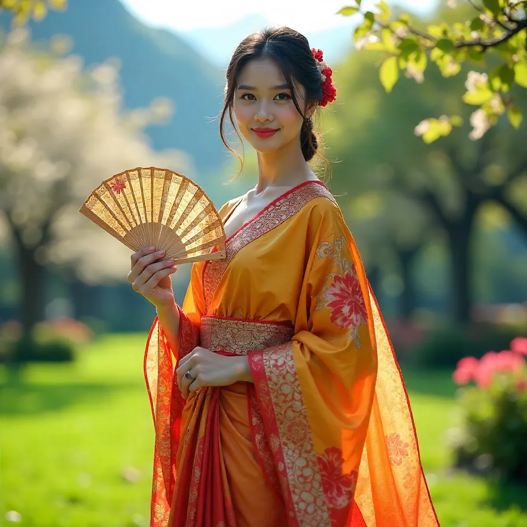 Sunlit Portrait of a Woman in Traditional Attire with Fan