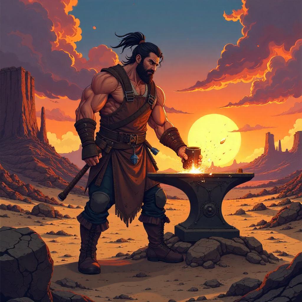Anime Blacksmith Forging in the Badlands