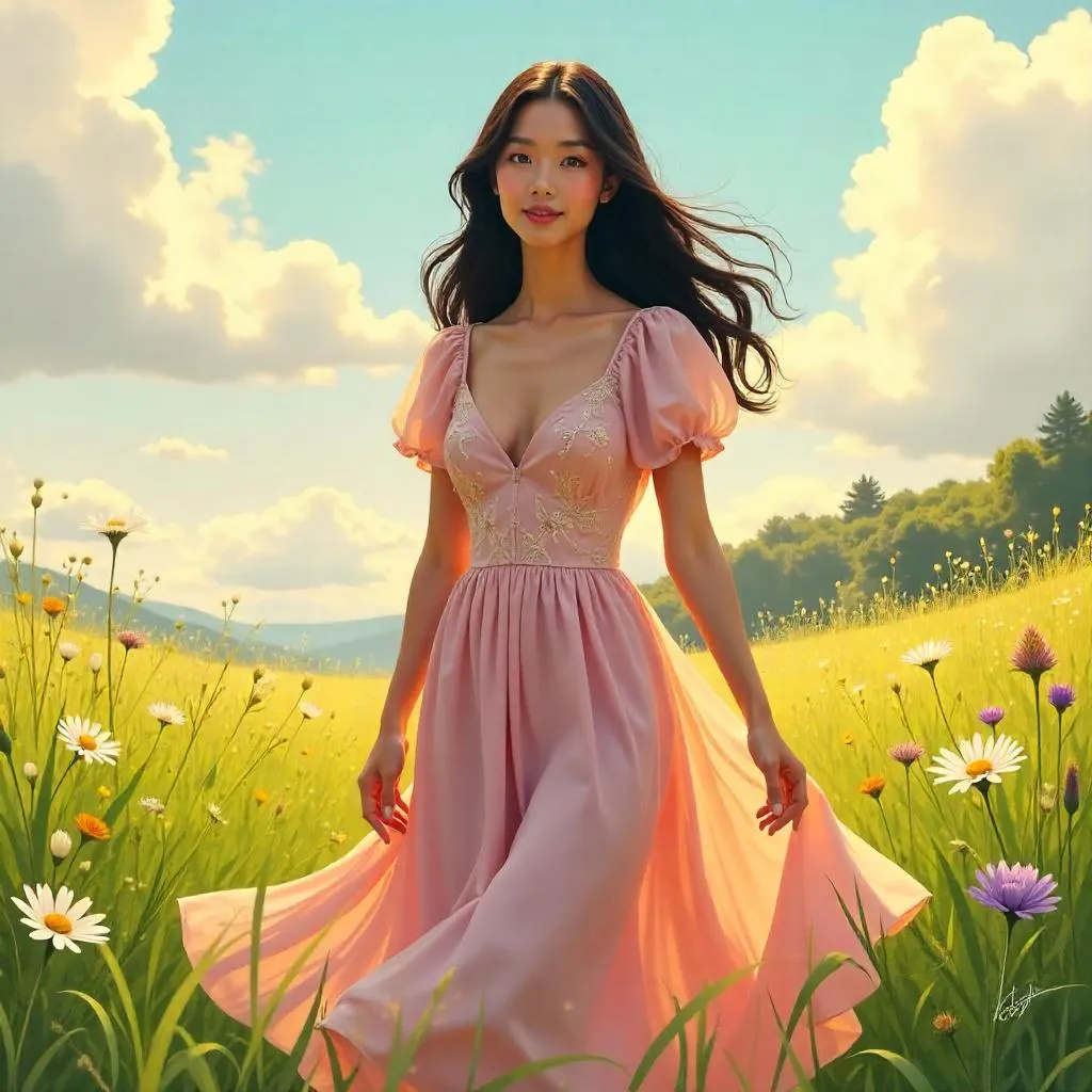 Meadow Glow: Stylish Asian Woman in Digital Art