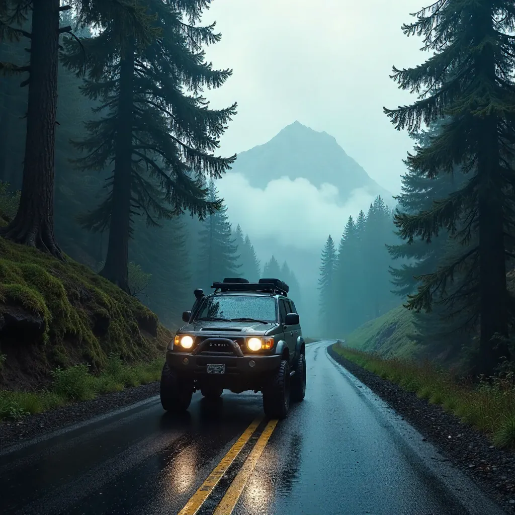 Mist-Kissed Mountain Road Through Evergreen Pines