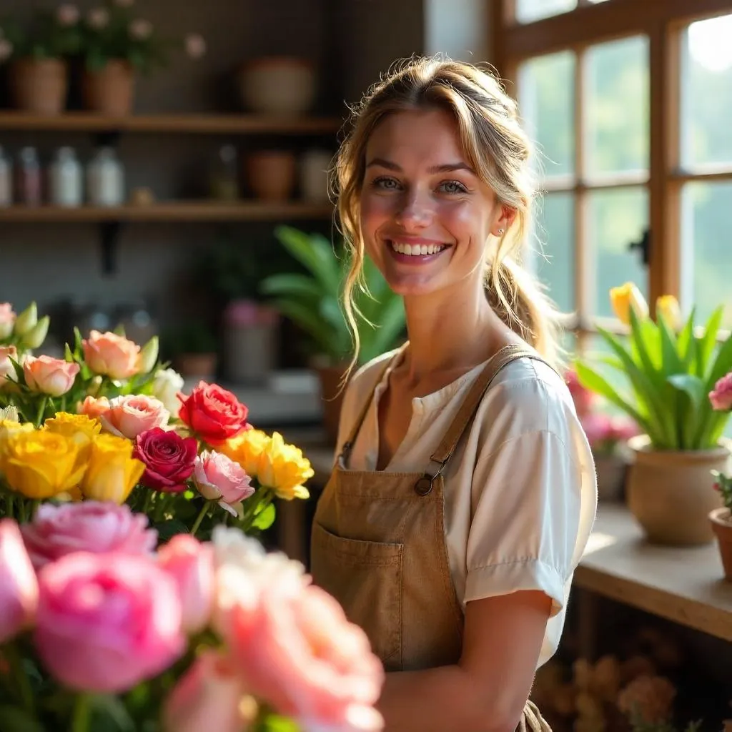 Cheerful White Woman in a Flower Shop