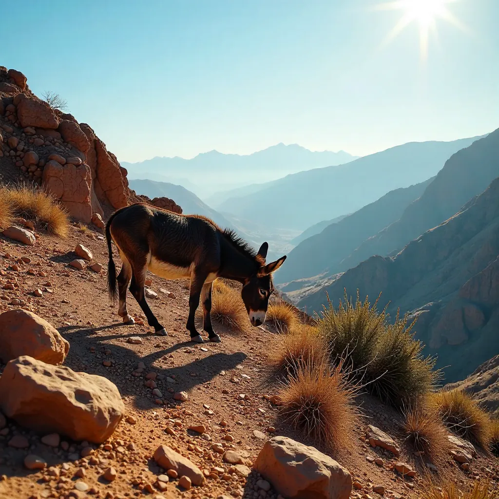 Donkey Grazes on a Moroccan Rocky Hillside