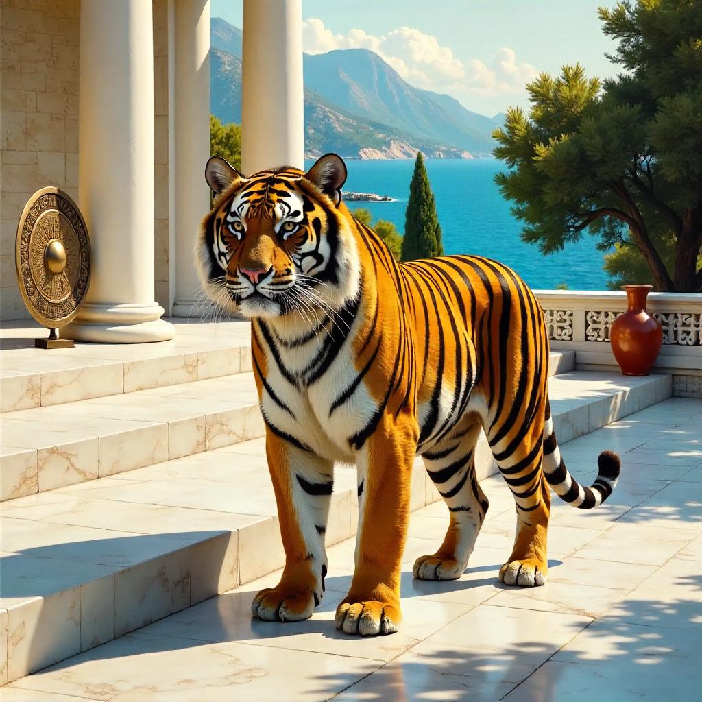 Tiger by the Parthenon: An Ancient Greece Oil Painting