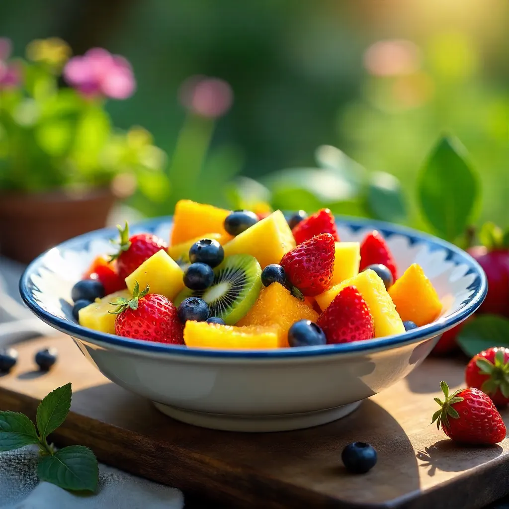 Vibrant Fruit Salad in Ceramic Dish, Garden Backdrop