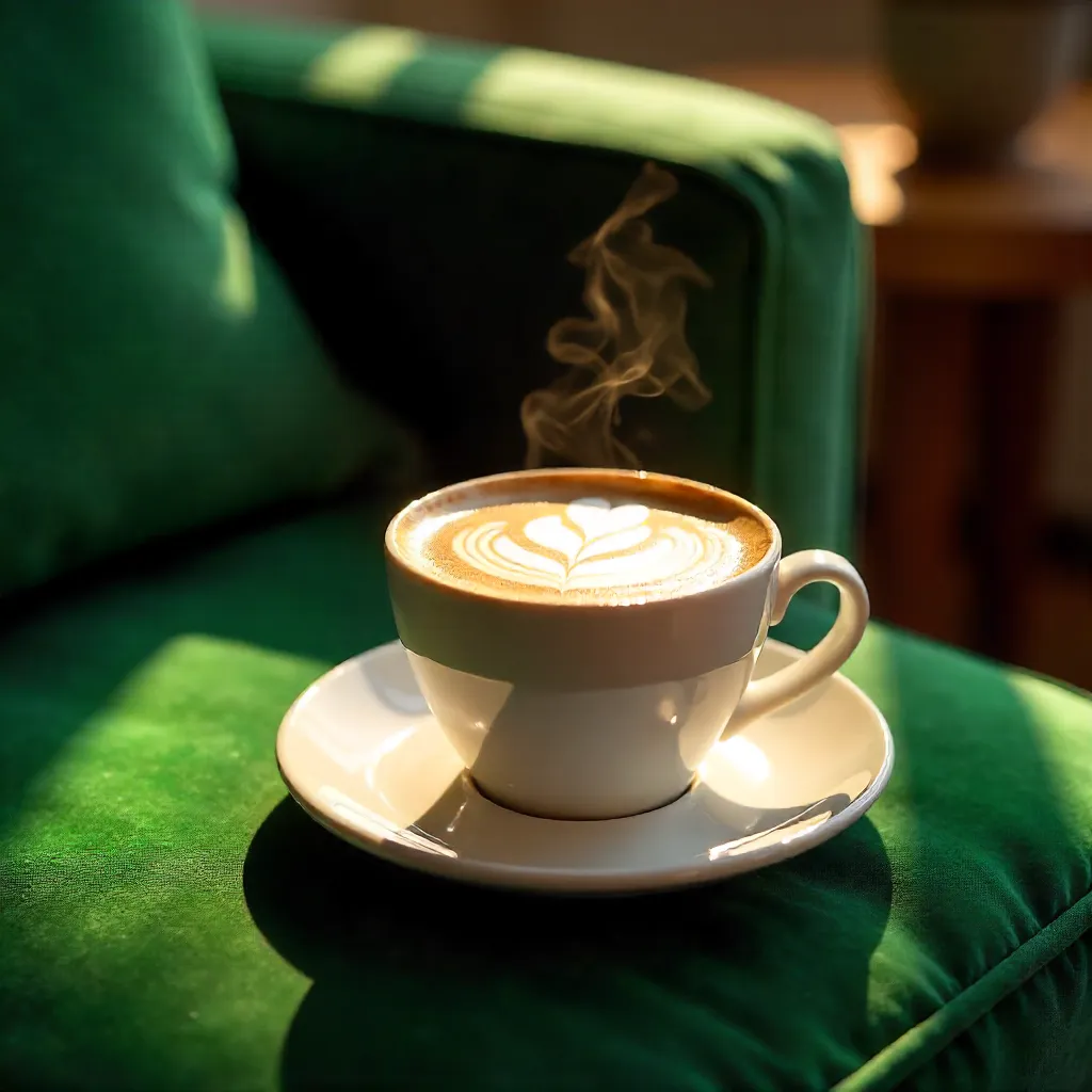 Cappuccino on a Green Velvet Sofa in Sunlit Shadows