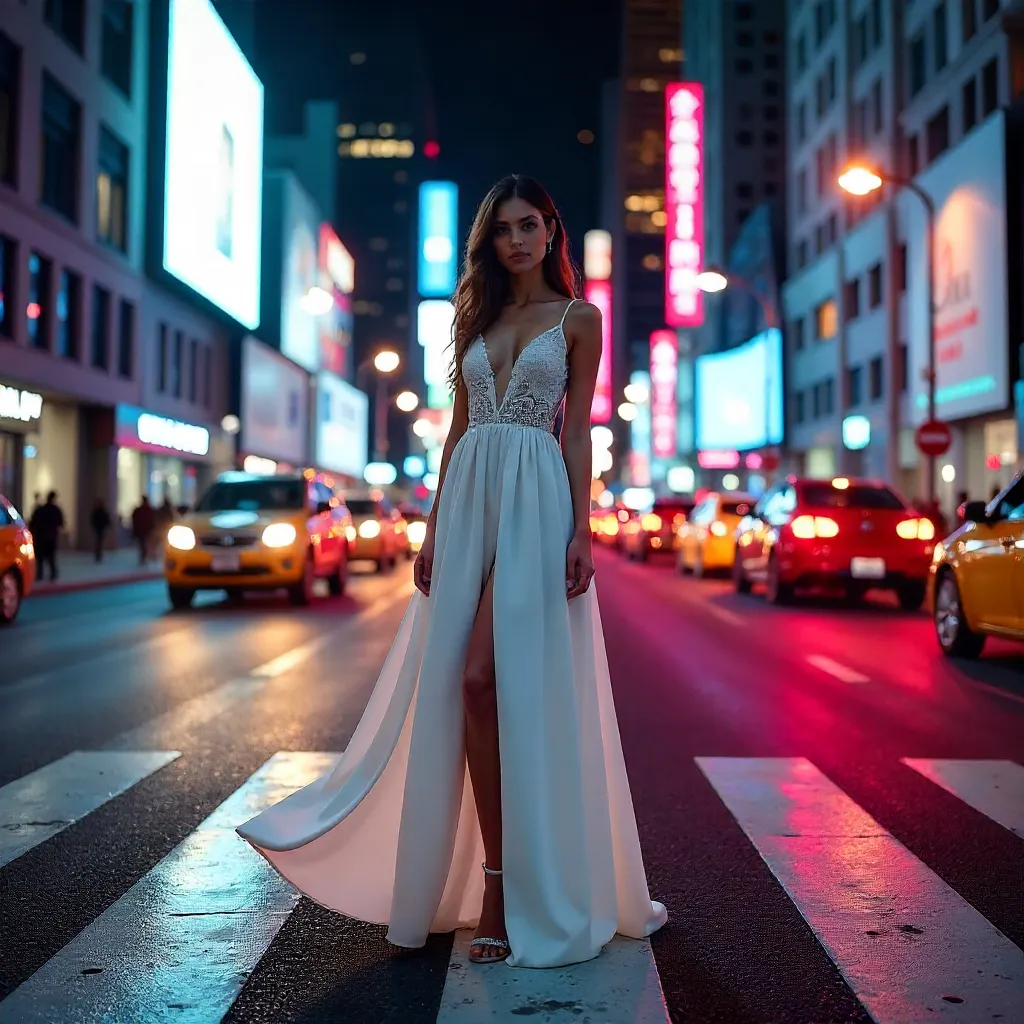 White Dress Amid Neon City Traffic