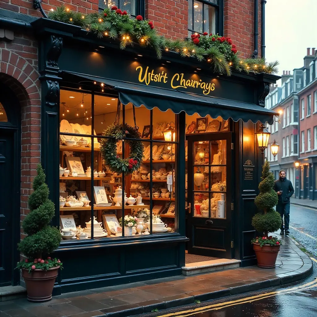 Cozy English Gift Shopfront with Seasonal Glow