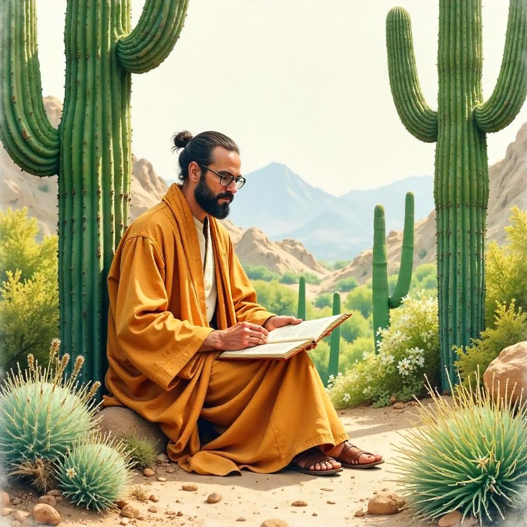 Watercolor Scholar Amid Desert Cacti