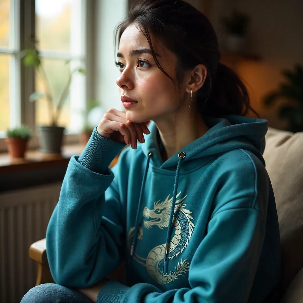 Contemplative Moment in a Blue Dragon Hoodie