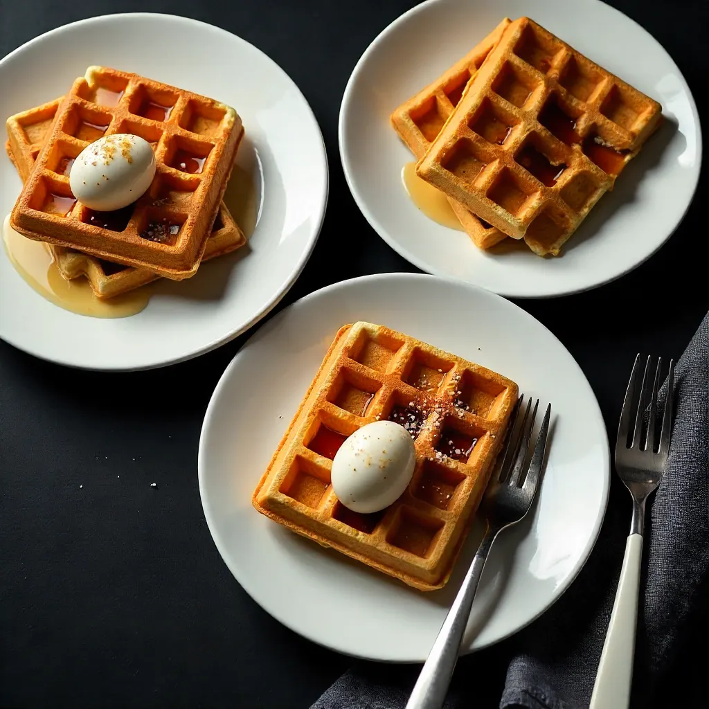 Elegant Top-Down Ceramic Plates with Waffles and Quail Eggs