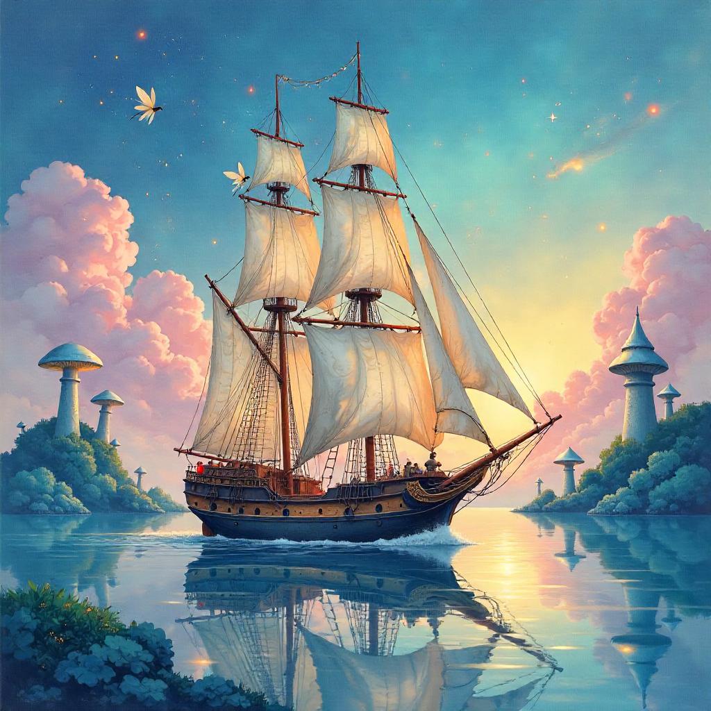 Watercolor Sailing Ship in a Fairy Wonderland