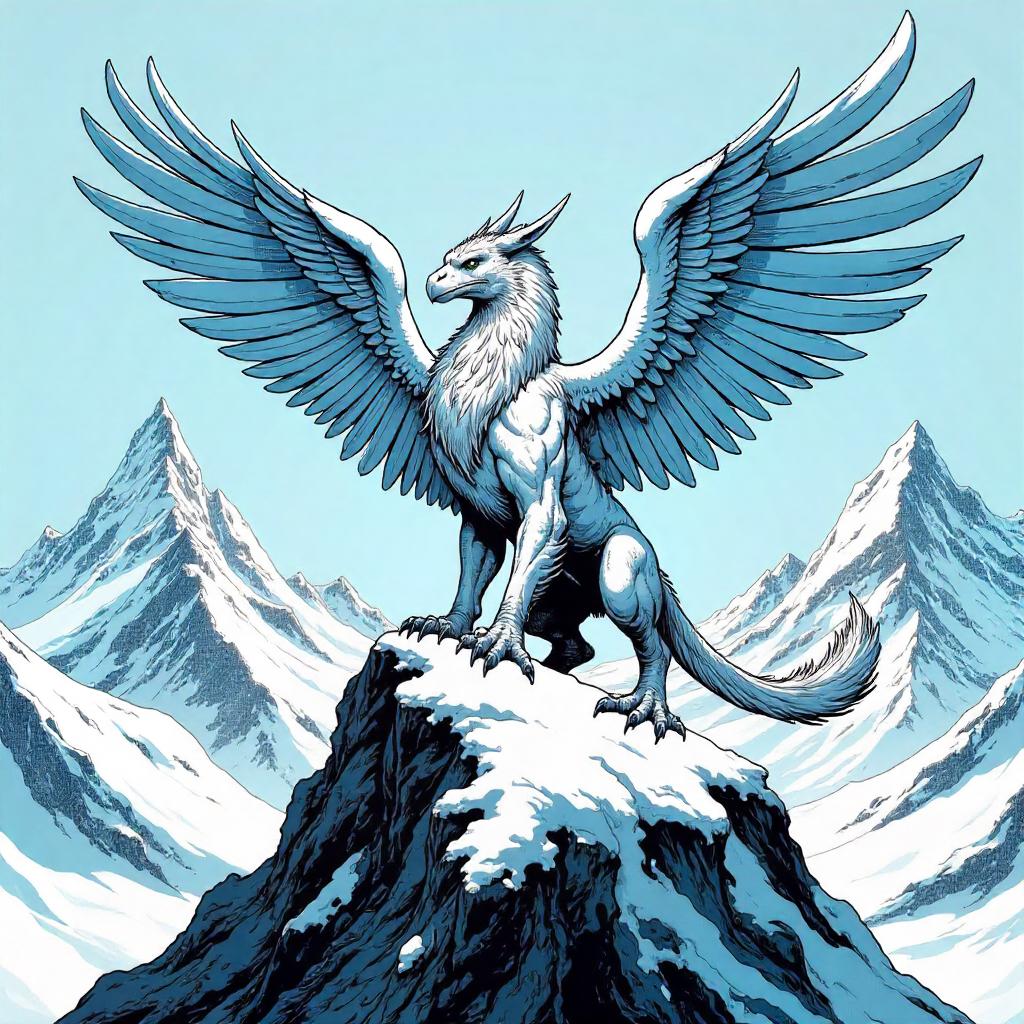 Griffin on a Snowy Summit in Comic Book Style