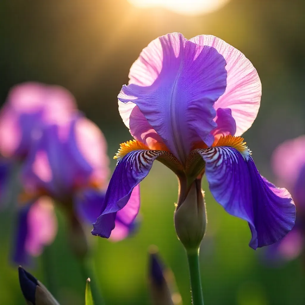 Macro close-up: Sunlit purple irises in bloom