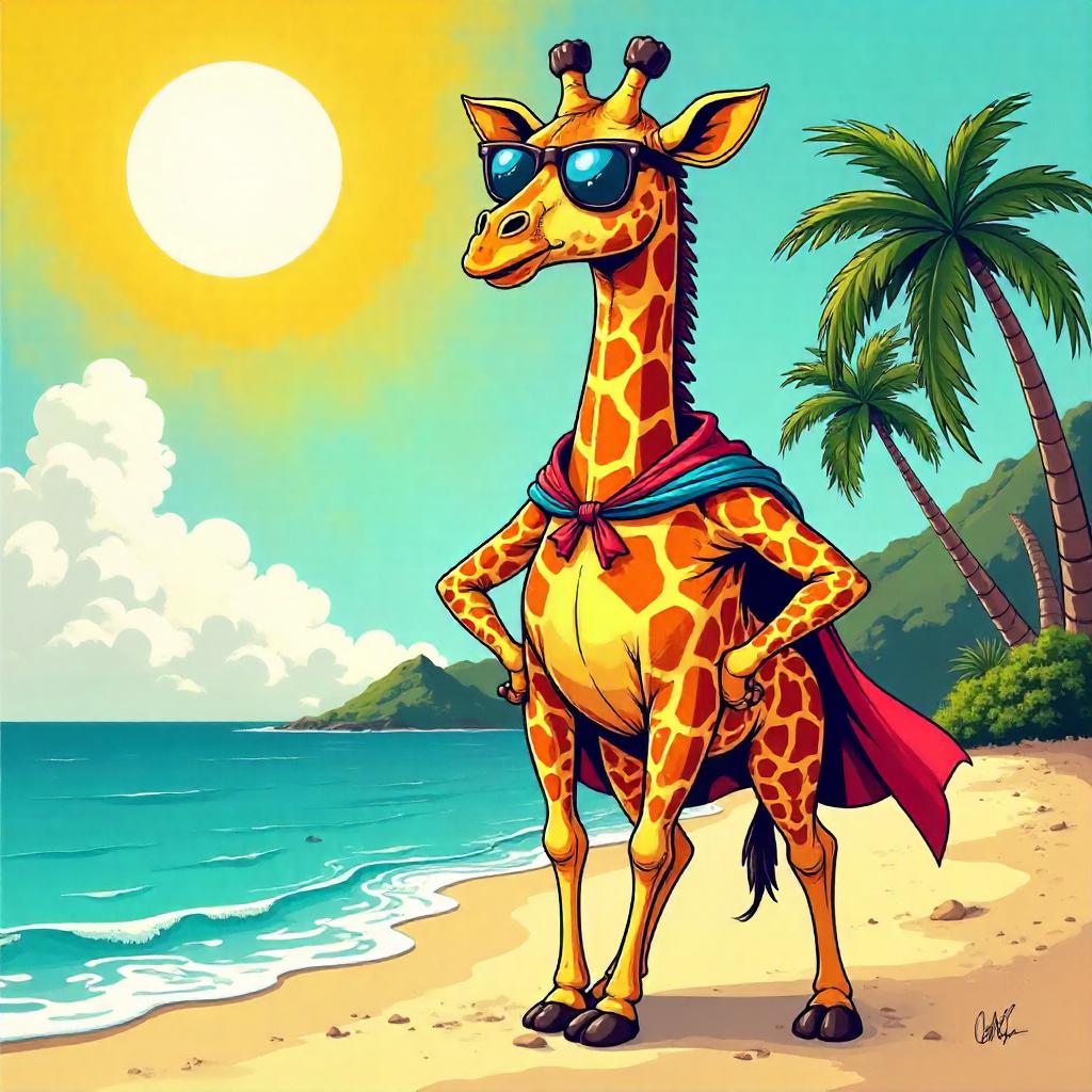 Giraffe Hero on a Beach - Comic Book Splash