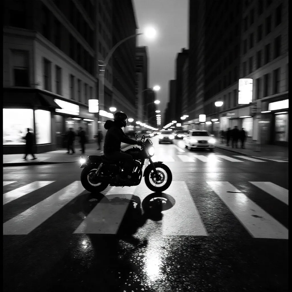 Noir Blur: Urban Motorcycle Crossing