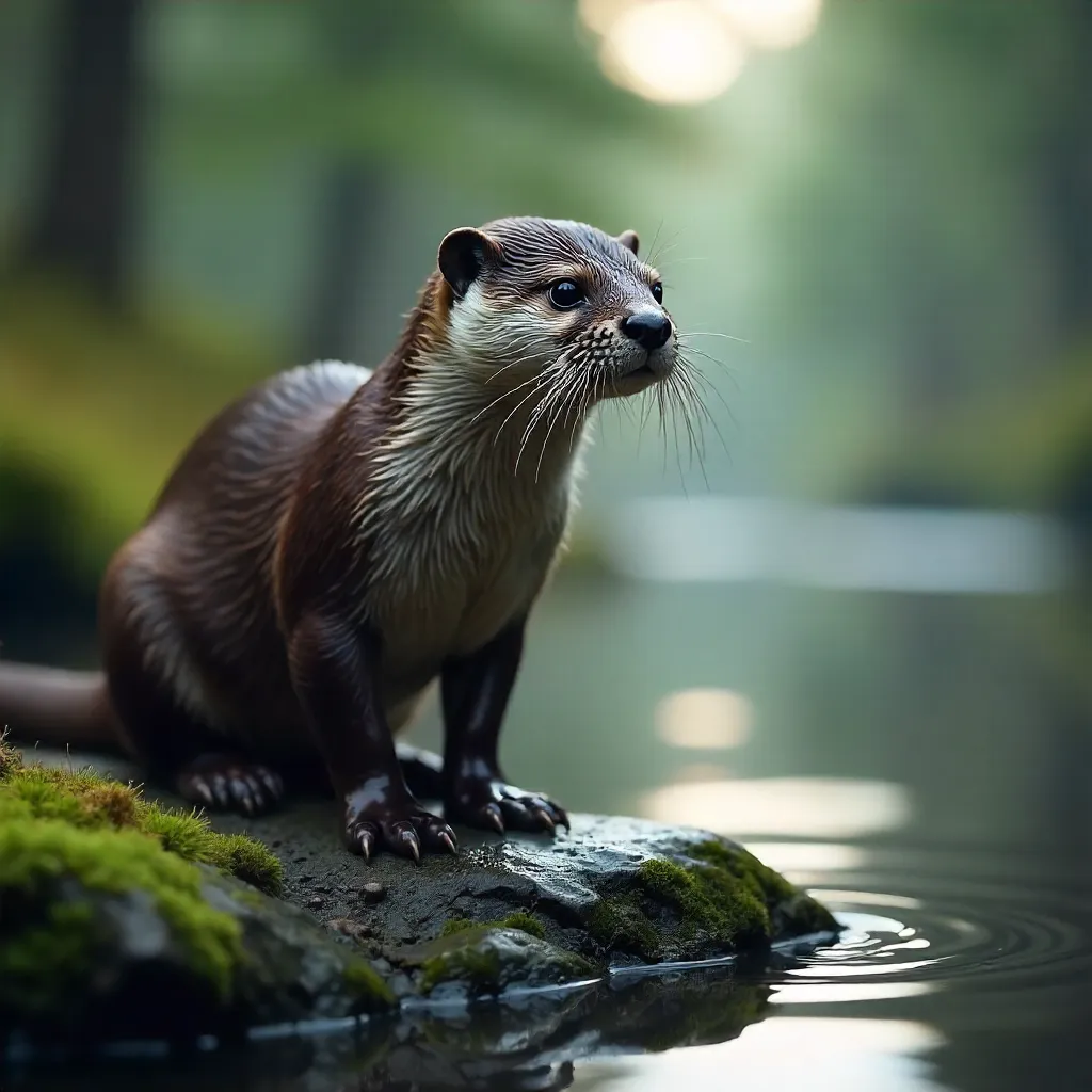 Close-up Otter on a Mossy Swedish Rock