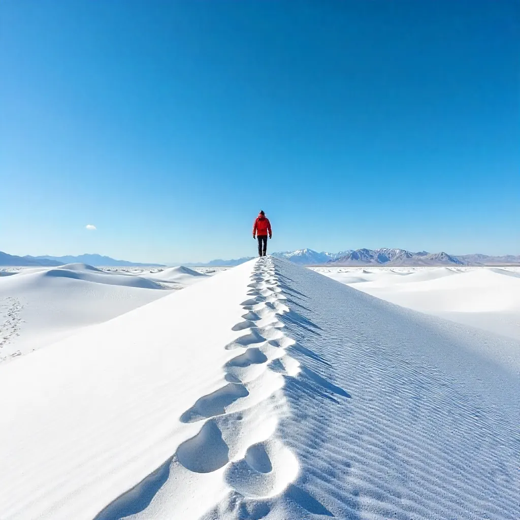 Solitary Hiker Across White Sands Dunes