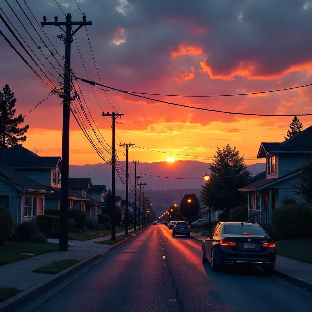 Dusk in Suburb: Power Lines and Distant Peaks