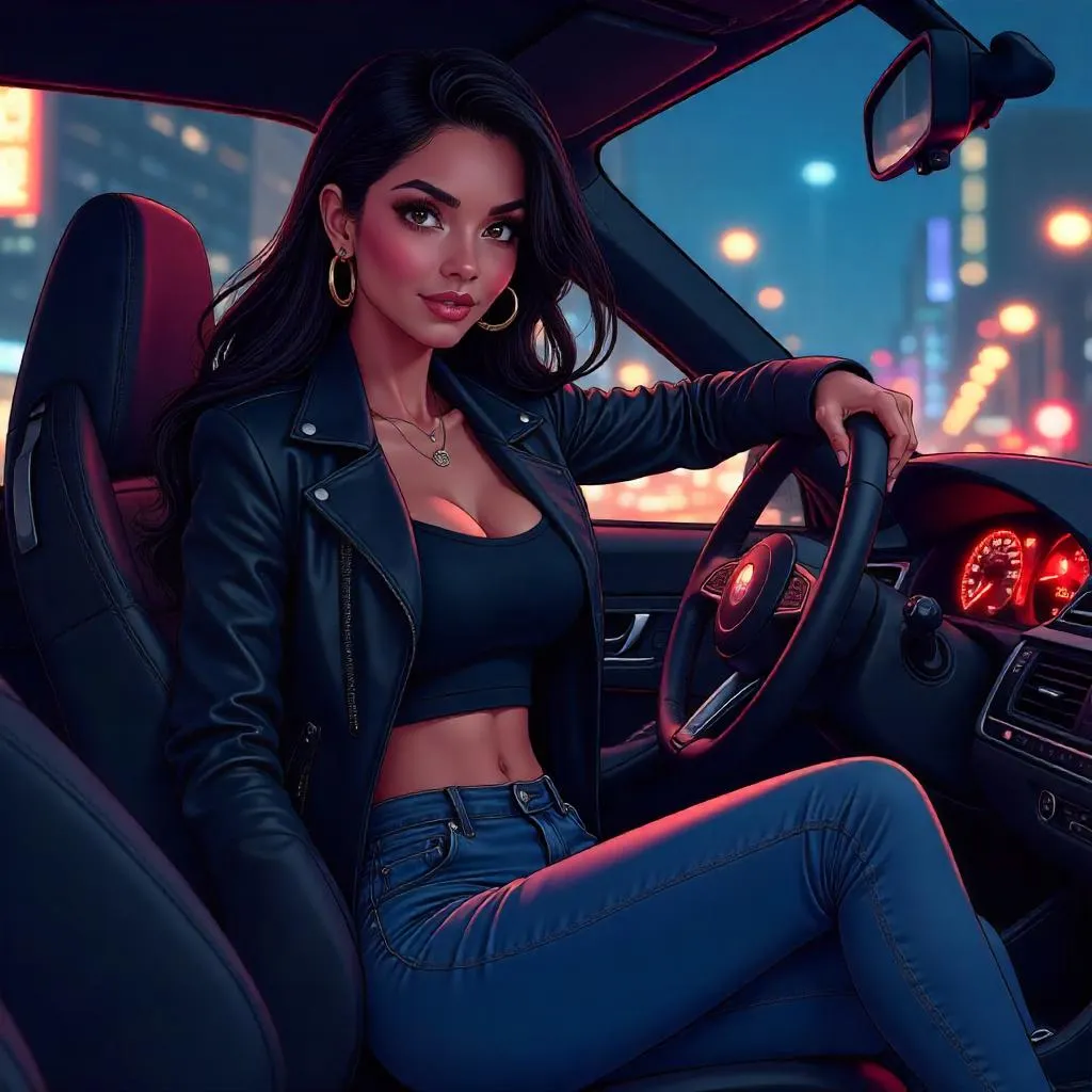 Confident Latina in an Anime Car