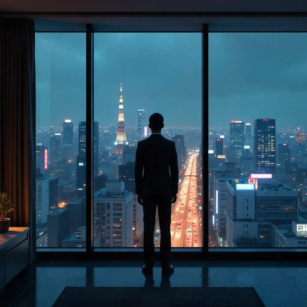 Man Gazing Over Tokyo Skyline From Panoramic Windows