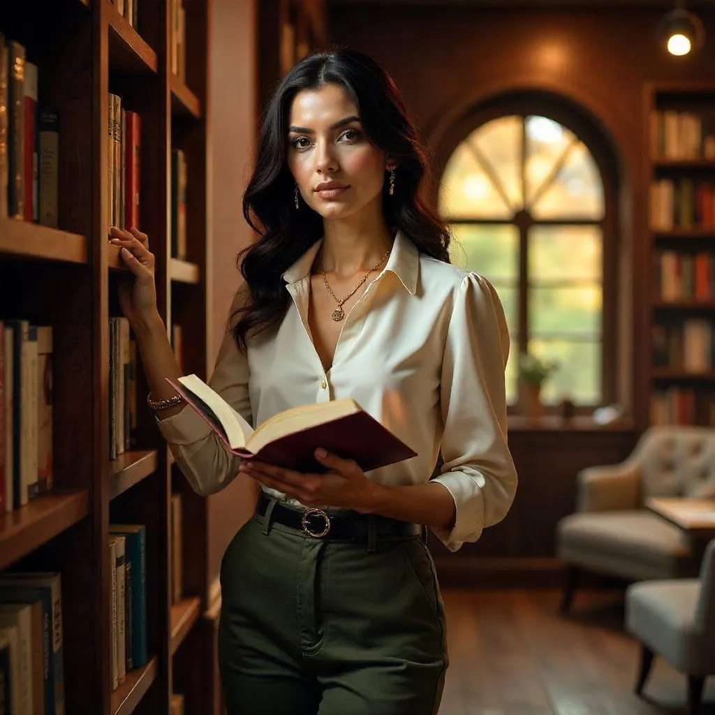 Elegant Latina Woman in a Sunlit Bookstore
