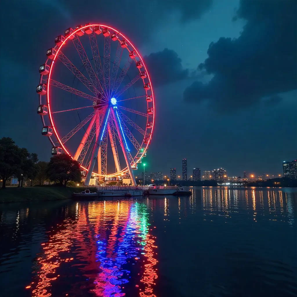 Illuminated Ferris Wheel at Night Reflected in Water
