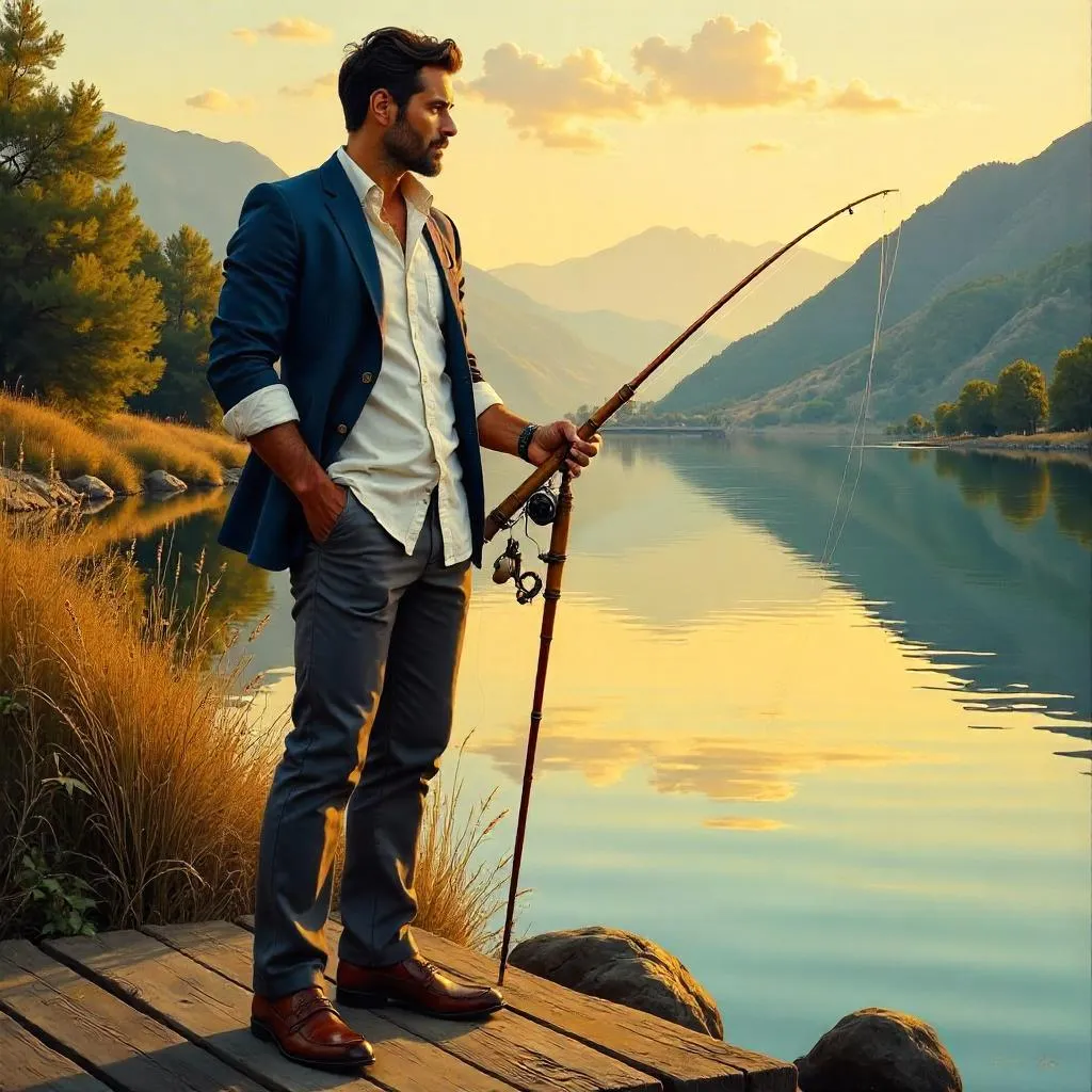 Stylish Latino Angler at Golden Hour Oil Painting