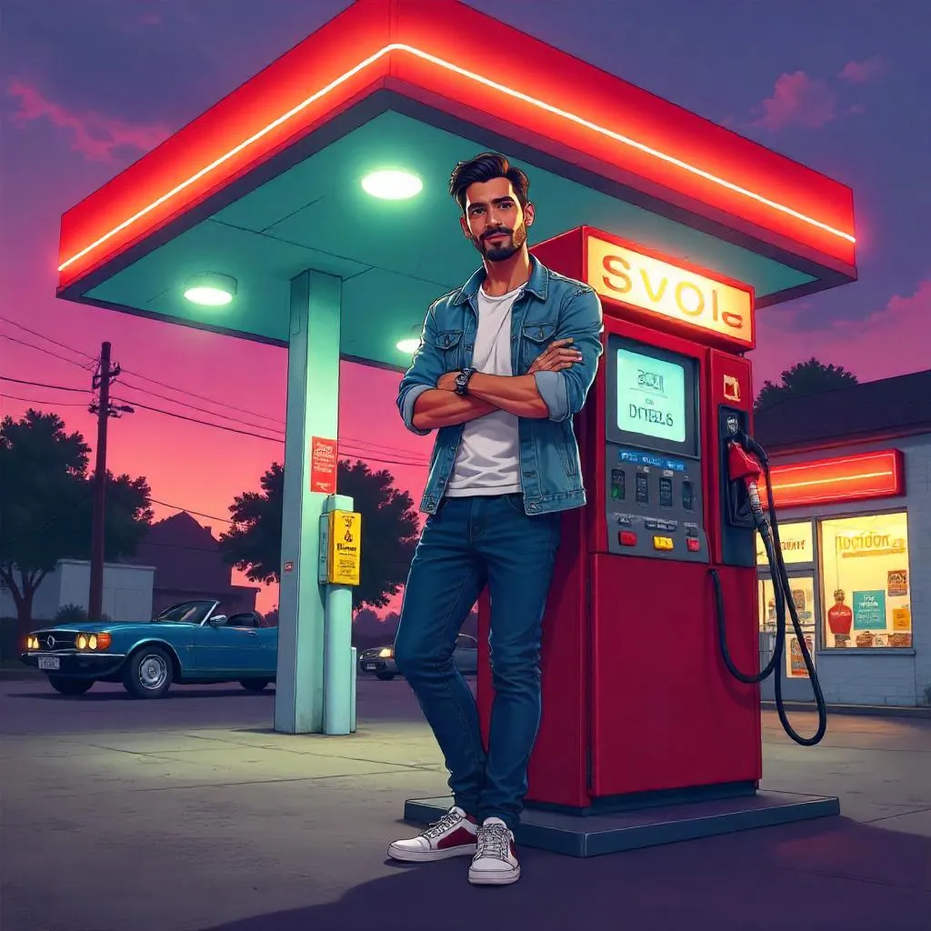Confident Latino Man at a Neon Gas Station - Cartoon