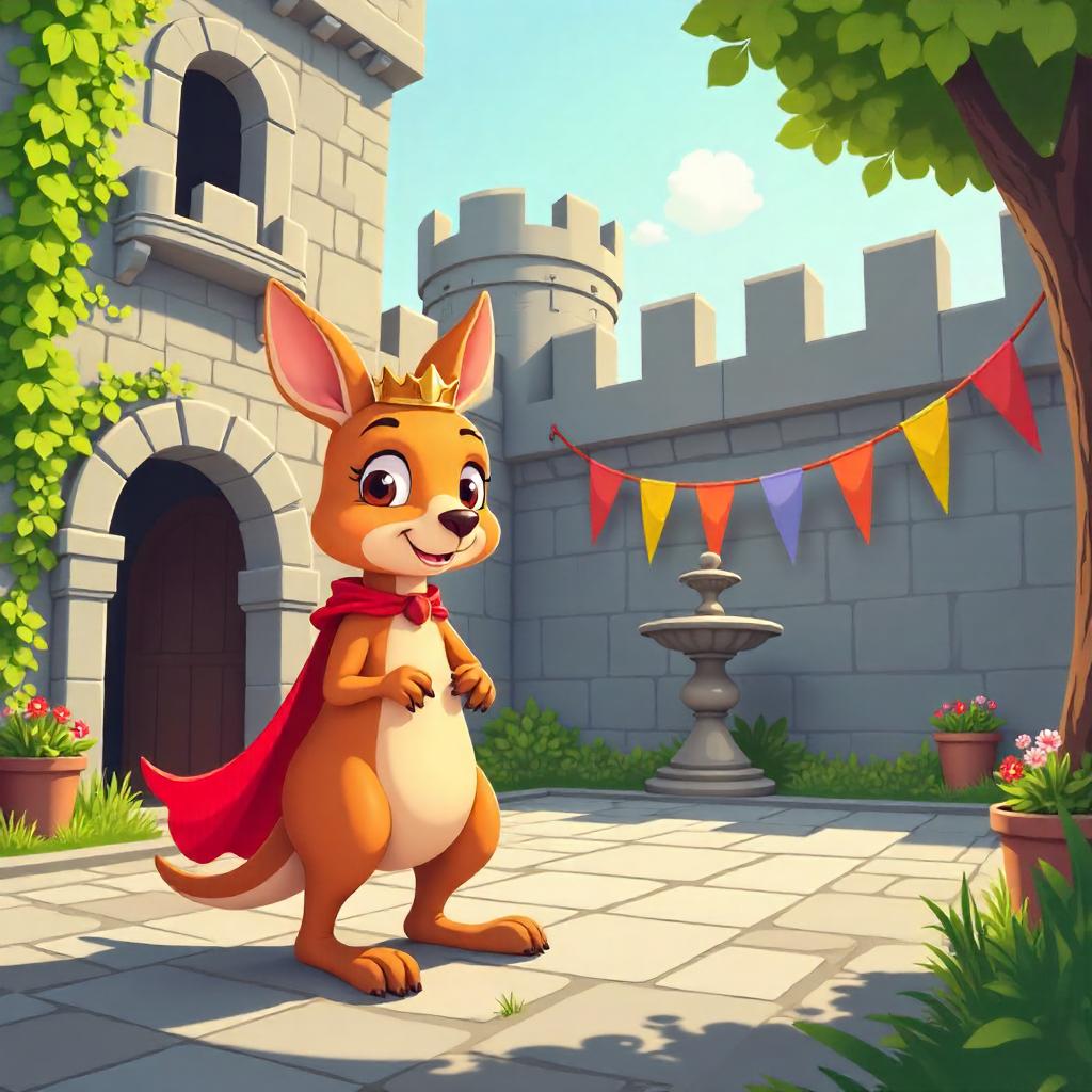 Playful Kangaroo in a Castle Courtyard