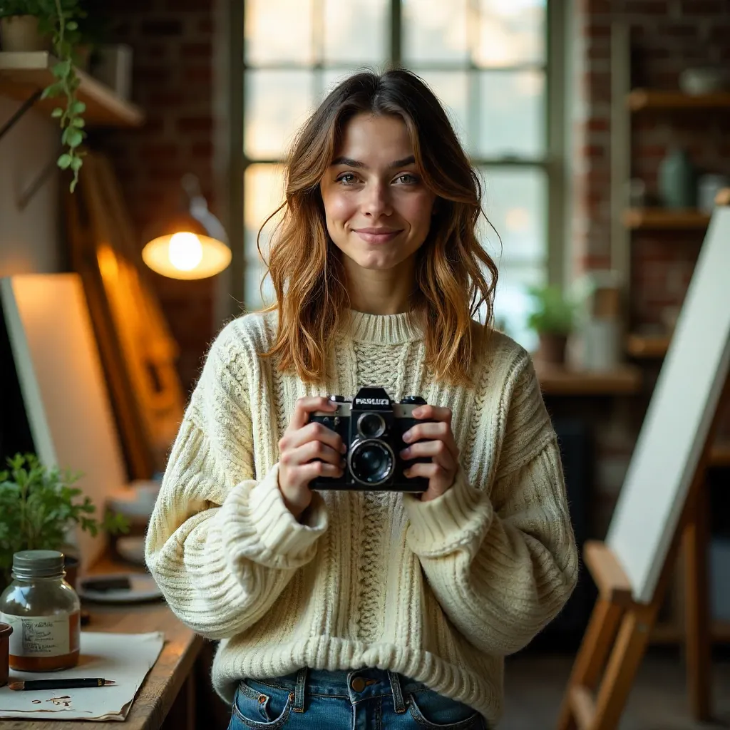 Young Adult with Vintage Camera in a Cozy Art Studio