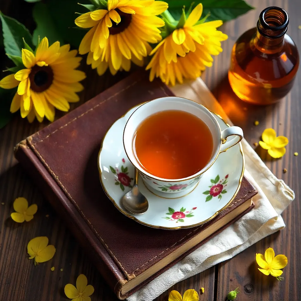 Cozy Tea Flat Lay with Vintage Book and Yellow Flowers