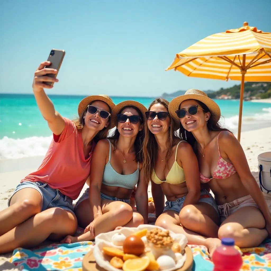 Cheerful Beach Picnic Selfie with Friends