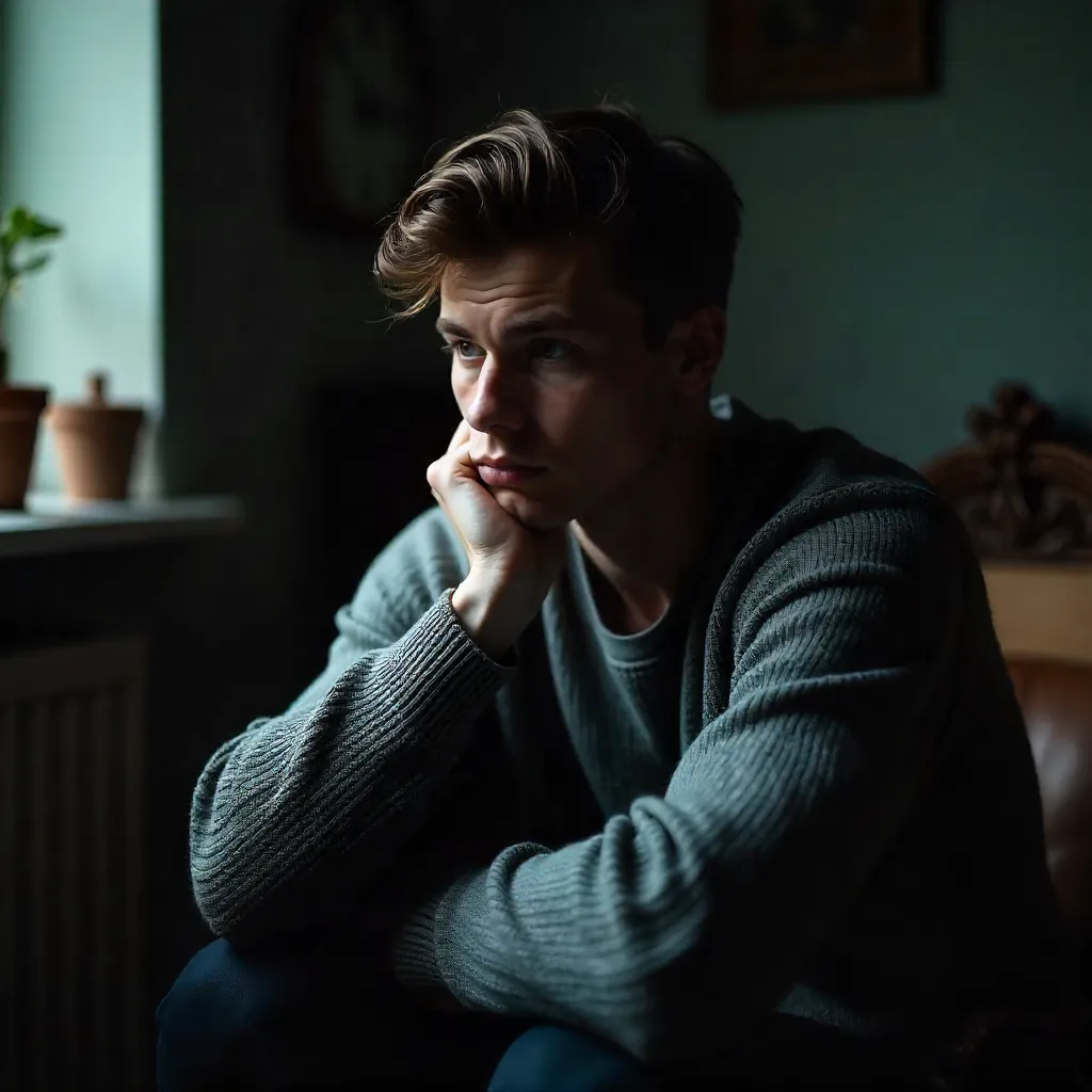 Moody Indoor Portrait of a Thoughtful Young Man