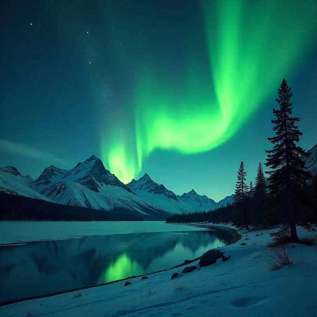 Emerald Aurora Over Silent Silhouette Mountains