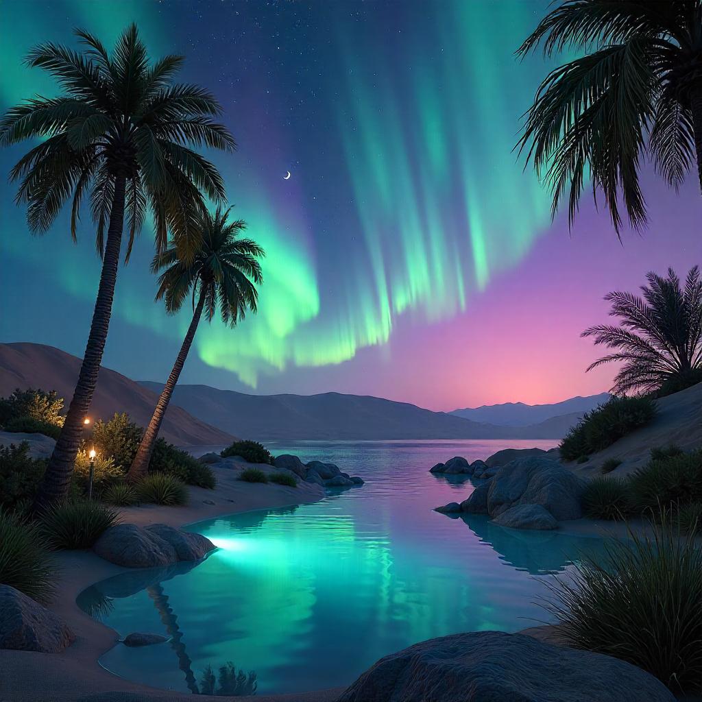 Aurora Over a Desert Oasis: Hyper-Real 3D Render