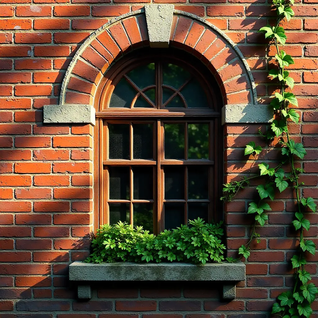 Arched Window on Historic Brick Facade with Greenery