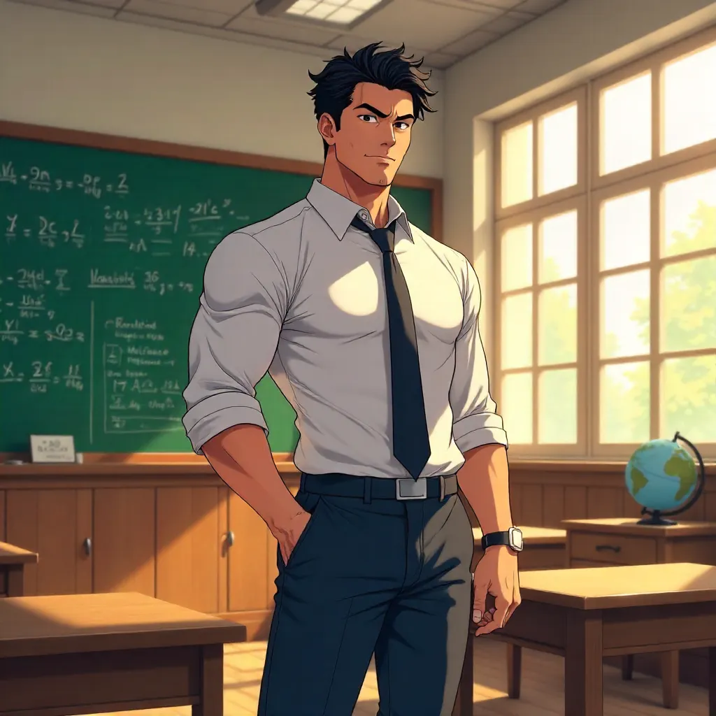 Athletic Asian Man in a Dynamic Anime Classroom