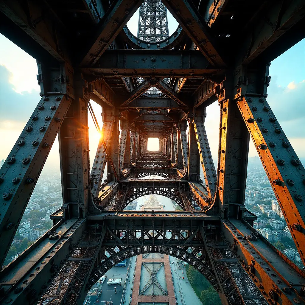 Upward View of Eiffel Tower's Interior Framework
