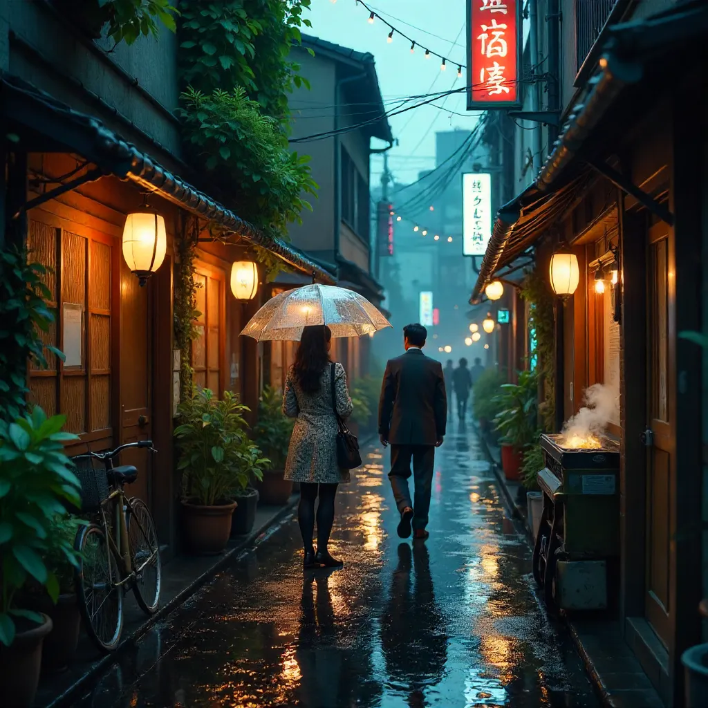 Rain-Kissed Tokyo Laneway: Greenery and Neon