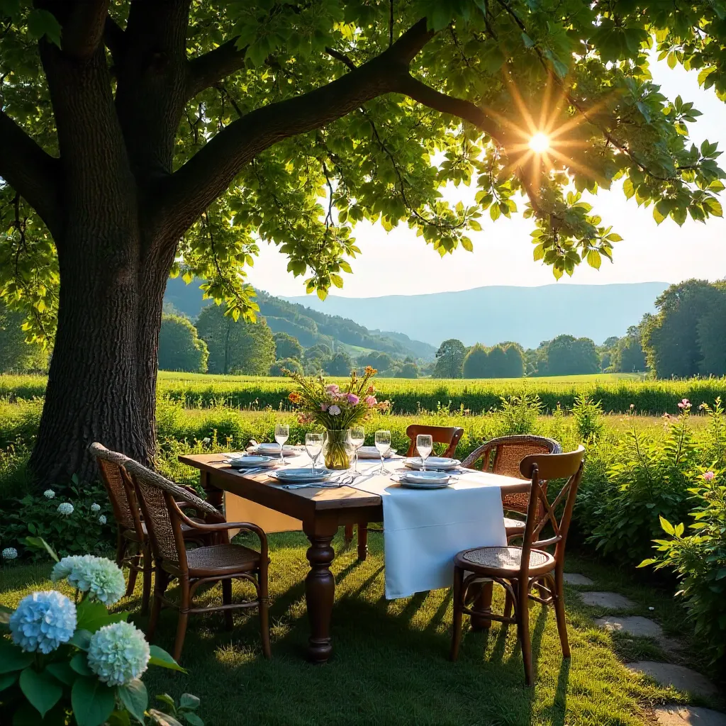 Serene Outdoor Dining Under a Tree in Lower Austria