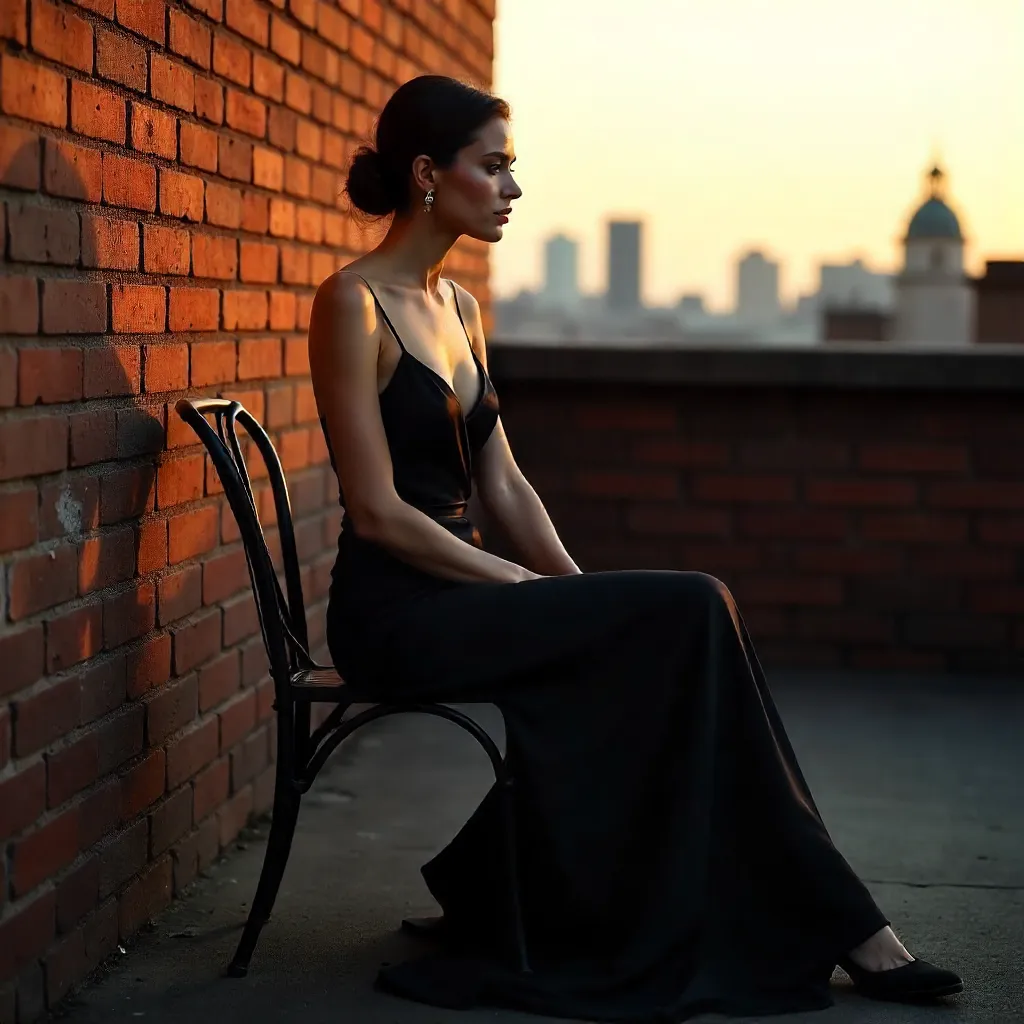Elegance on a Rooftop: Woman in Black Dress