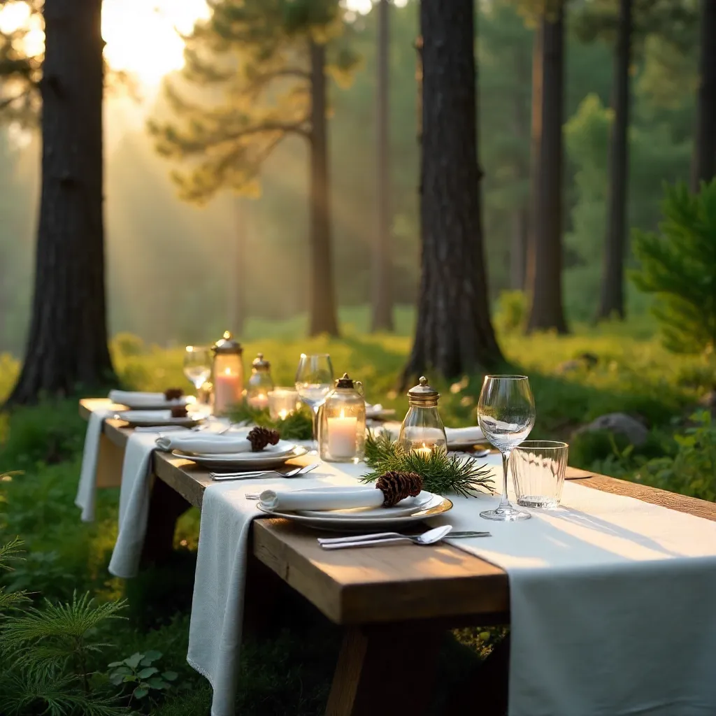 Tranquil Pine Forest Outdoor Dining Scene