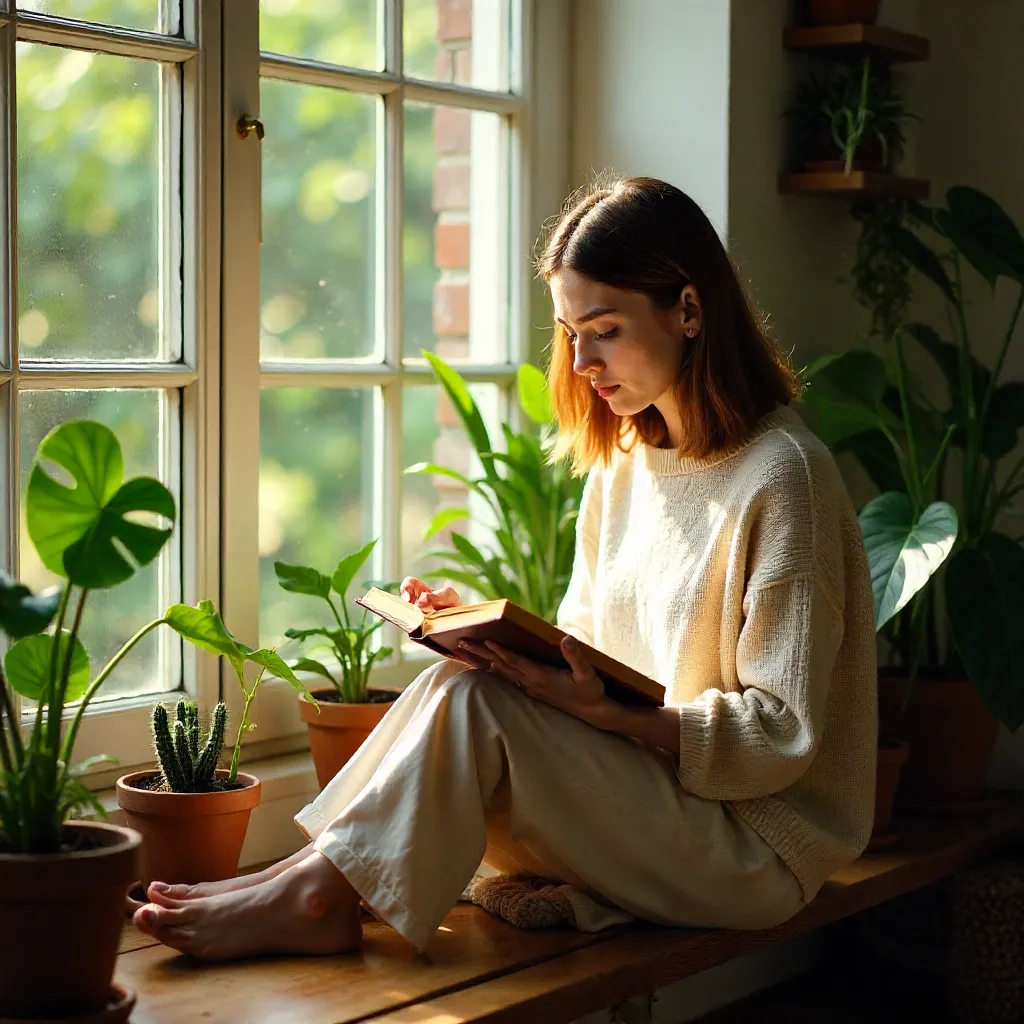 Sunlit Window Reading Among Indoor Plants