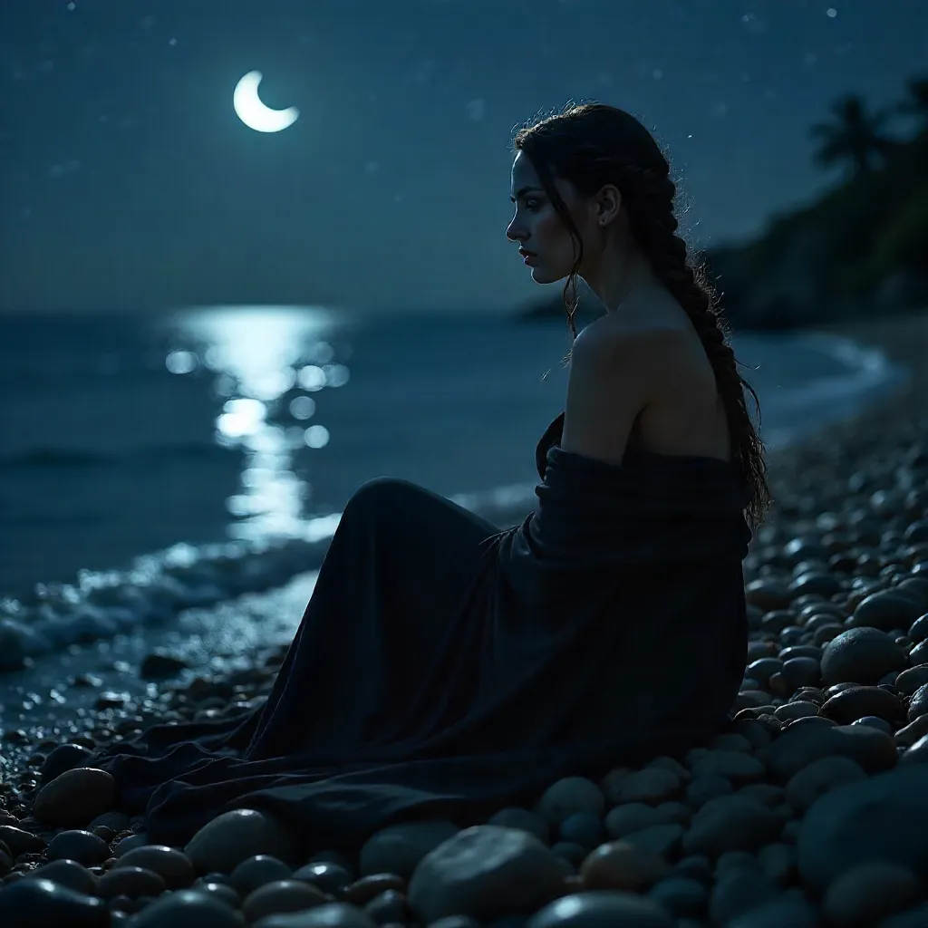 Moonlit Pebble Beach: Woman in Black Garment