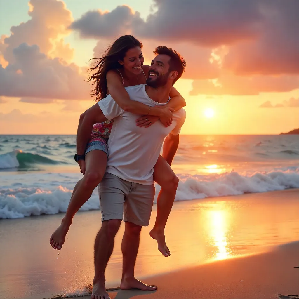 Sunset Piggyback Ride: Happy Beach Couple