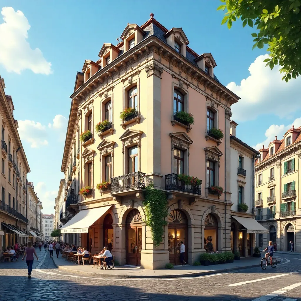 Ornate European Corner Building on a Sunny Street