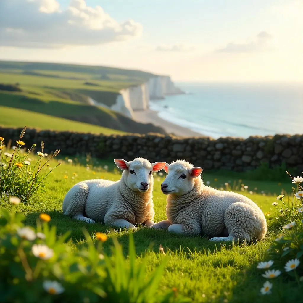 Two Sheep Resting in a Lush English Field near Bude