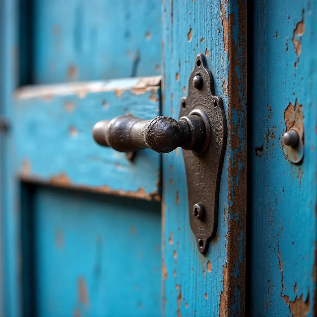 Close-Up of Rustic Blue Door Hardware