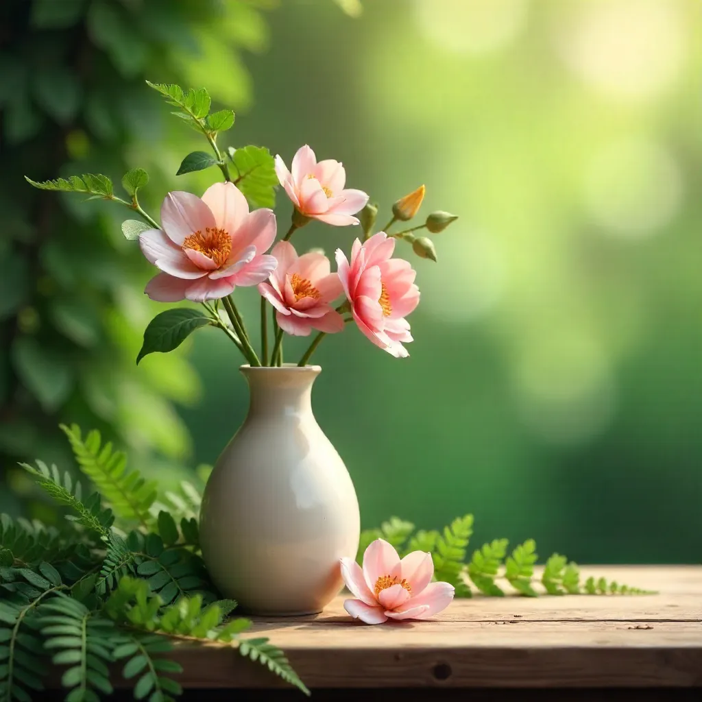 Peaceful Vase of Flowers on a Sunlit Wooden Table
